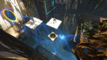 Portal 2: a puzzle level with a cube suspended in a gravity well