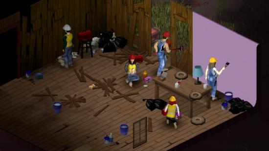 Project Zomboid characters wear red hard hats as they rebuild the walls of a house.