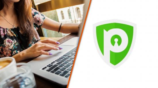 VPN images spliced together: one shows a woman on a keyboard and one shows the PureVPN logo on a white background.
