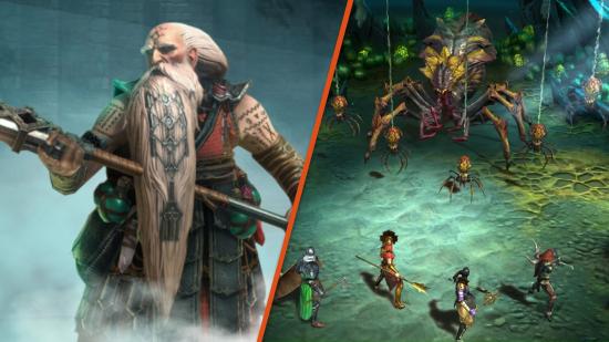 Raid: Shadow Legends images spliced together. On the left is an image of Avir the Alchemage, a bearded dwarf with a staff, on the right is a screenshot from the game, showing a party battling a group of evil spiders.