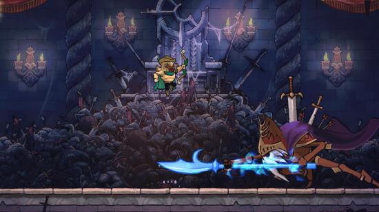 A ranger wearing gold armour and a green cape leaps high in the air as a skeletal boss lunges at him with a glaive in Rogue Legacy 2.