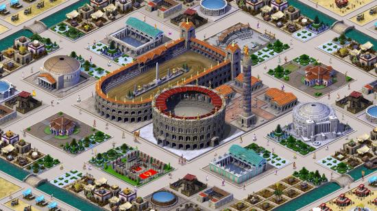 The Coliseum and Circus Maximus are seen in the midst of colourful blocks of homes and shops in MMO city-builder Romans: Age of Caesar.