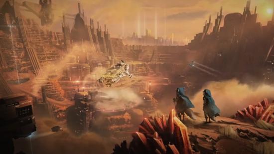 Two cloaked fox-like beings watch from the rim of an alien canyon as a large spacecraft lands below in Stellaris: Overlord.