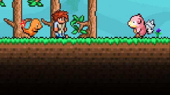 Terraria mod: a player walks up to a Slowpoke in a forest with a Charmander by his side