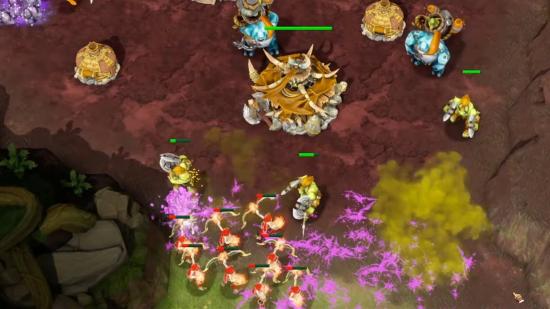 Elven archers in red attack a orc encampment in The Purple War, an upcoming RTS on Steam.