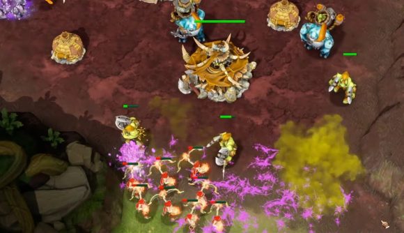 Elven archers in red attack a orc encampment in The Purple War, an upcoming RTS on Steam.