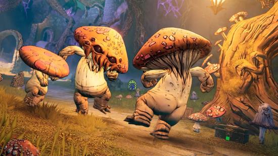 Shrooms dancing in Tiny Tina's Wonderlands, one is facing away from the camera and its buttocks are visible