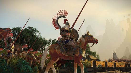 A Kislevite winged lancer is shown up close at sunset in Total War: Warhammer 3.