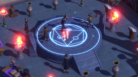 Two Point Campus Wizardry course screenshot of two students dualling with wands within a magic circle