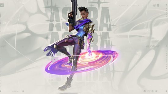 Valorant characters: Astra stands, leaning back, holding her gun and pointing it to the sky, and ring of purple surrounds her.