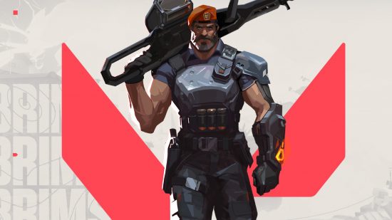 Valorant characters: Brimstone standing in a menacing pose, holding a large gun on his shoulders.