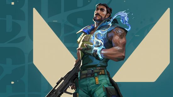 Valorant characters: Harbor stands before a teal background, with electricity cracking from his left hand, holding a weapon in the left.