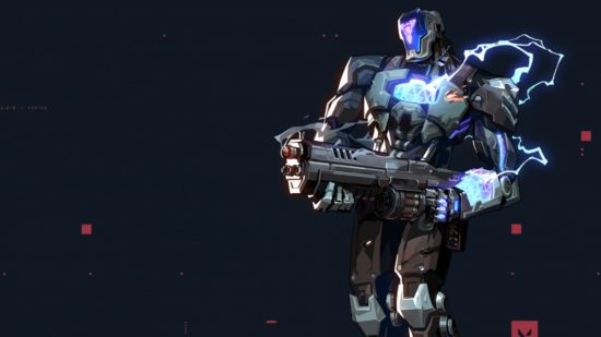 Персонажи Valorant: Kay-O, металлический, робот-агент, стоит высокой, держащий большой пистолет, когда электричество выходит из его плеча