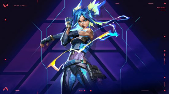 Valorant characters: Neon stretches an arm out to the side, as an electrical current runs around her, and seemingly through her neon hair, which stands on end in pigtails