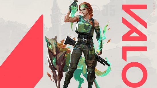 Valorant characters: Skye holds her hand up, with a green fiery glow emanating from it, as her tasmanian tiger stands behind her.