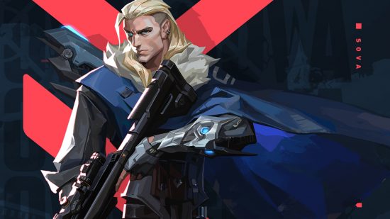 Valorant characters: Sove looks menacingly ahead, holding a gun by his waist, on a dark and red background.