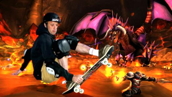 Vicarious Visions Blizzard Albany: Tony Hawk skates by a World of Warcraft raid