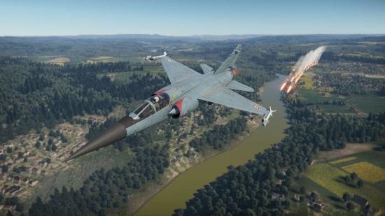 War Thunder's Mirage F1C fying above a river