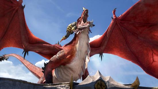 A dragon roars, unhappy about the World of Warcraft Dragonflight Mythic raid race