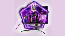 AOC mini LED gaming monitor with mascot coming out of screen holding katana on pink backdrop