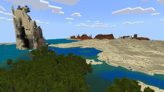 The best Minecraft seeds: a tower in the middle of the water, surrounded by swamp and desert.  There is a desert in the background and wastelands in the distance.