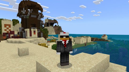 Best Minecraft seeds: A chicken in a suit standing outside an Illager tower on the beach.