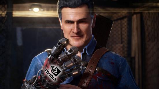 Ash from Evil Dead The Game with Nvidia DLSS logo on hand