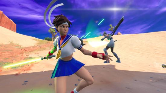 Fortnite lightsaber: Sakura from Street Fighter Alphin a lightsaber duel with another person in a desert.