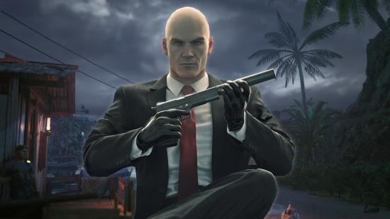 Hitman 3 update adds ray tracing, Nvidia DLSS, and AMD FSR: Agent 47 superimposed against a nighttime jungle base background