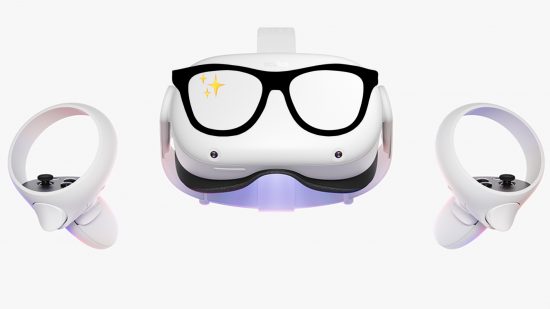 An Oculus Quest 2 VR headset wearing cartoon glasses