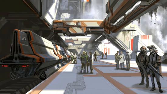 Starfield factions: a futuristic train station platform with several people huddled into small groups. Two men are holding guns while the rest are talking to each other.