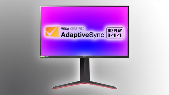 LG gaming monitor with VESA adaptive sync logo on screen with blue and pink backdrop