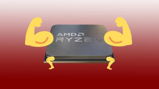 AMD Zen 4: Ryzen chip with little arms and leg emojis on red backdrop