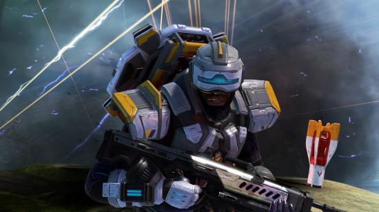 Apex Legends Newcastle rushes through a hail of gunfire, wearing a sci-fi knight's helmet and a shield on his back