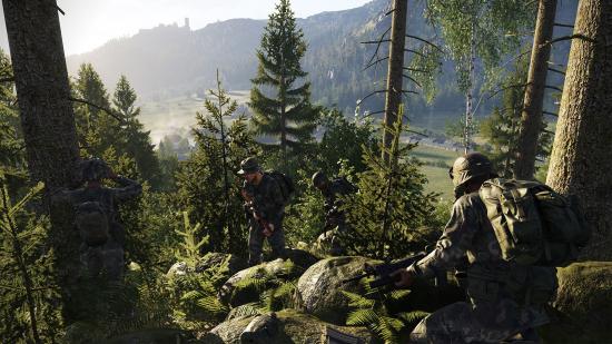US light infantry assembles on a mountainside in the forest in Arma Reforger.