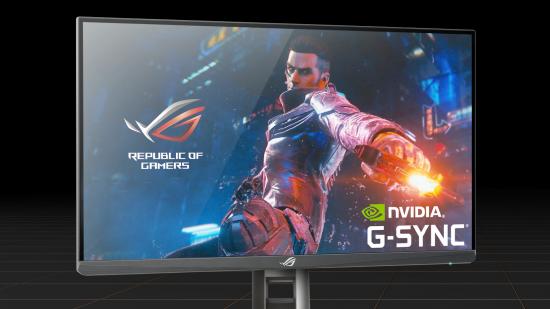 Asus ROG 500Hz gaming monitor with character on screen and Nvidia G-Sync logo on black backdrop