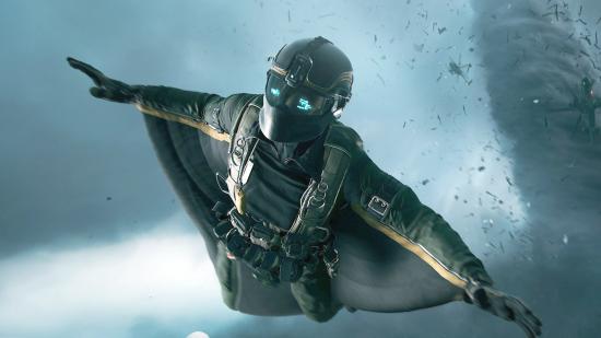 Battlefield 2042 update: masked soldier flying through weather storm using flight suit