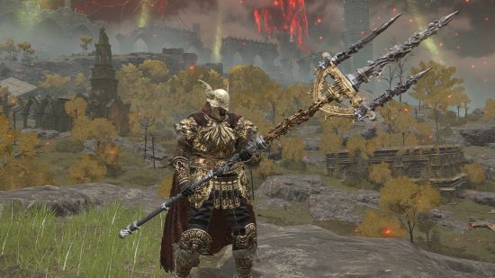 Best Elden Ring weapons - the Tarnished is wielding Mohgwyn's Sacred Spear while standing on a ledge looking at the glowing Erdtree.