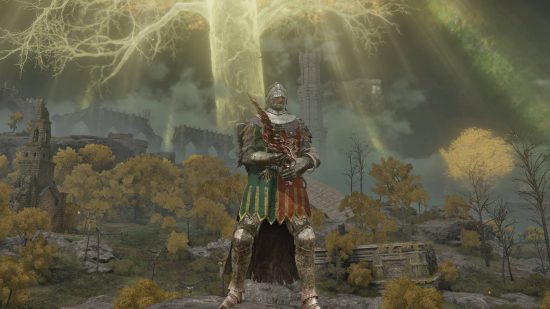 Best Elden Ring weapons - the Tarnished is wielding the Reduvia while standing on a ledge looking at the glowing Erdtree.