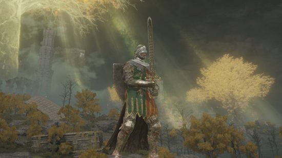 Best Elden Ring weapons - the Tarnished is wielding the Sword of Night and Flame while standing on a ledge looking at the glowing Erdtree.
