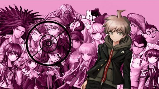 Best anime games: Makoto and his classmates pose for the camera while a bullseye reticle passes over them in Danganronpa: Trigger Happy Havoc, the first instalment in Spike Chunsoft's psychological horror series.