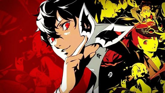 Best anime games: The Phantom Thief that serves as the protagonist for Persona 5 Royal holding his iconic mask, while a collage of the fellow students and thieves is arranged to behind him.