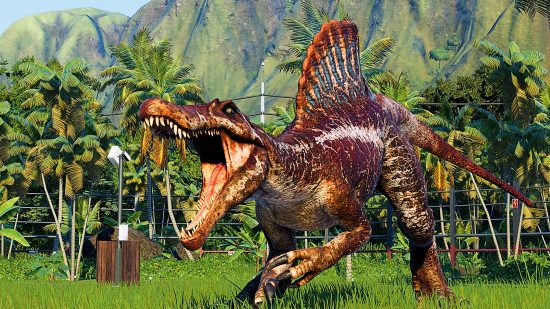 Best dinosaur games for PC: a spinosaurus roaring in Jurassic World Evolution 2