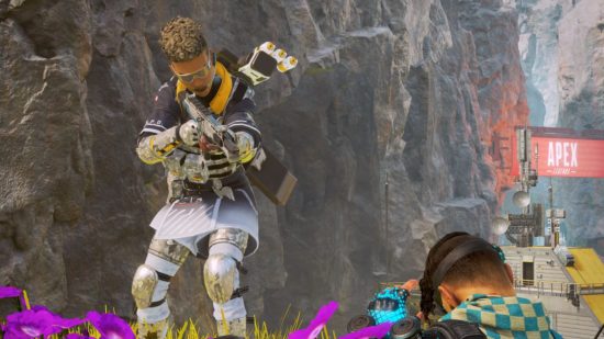 Best free PC games: Apex Legends. Image shows a colourfully dressed man aiming a gun at another man.