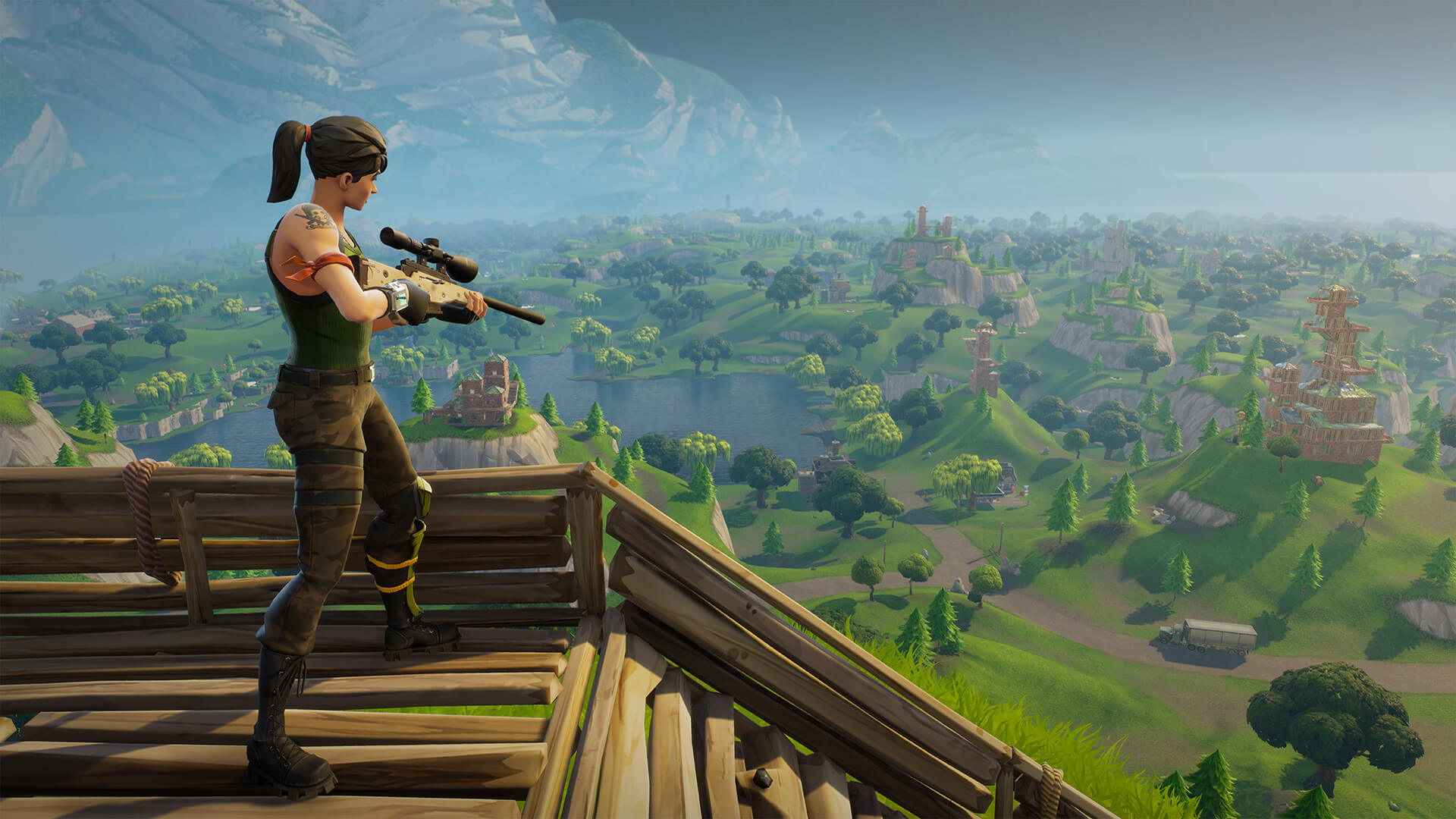 Best free PC games: Fortnite. Image shows a female character holding a gun and look out over a forest.