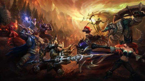Best free PC games: League of Legends. Image shows a large group of warriors and fantastical creatures about to do battle.
