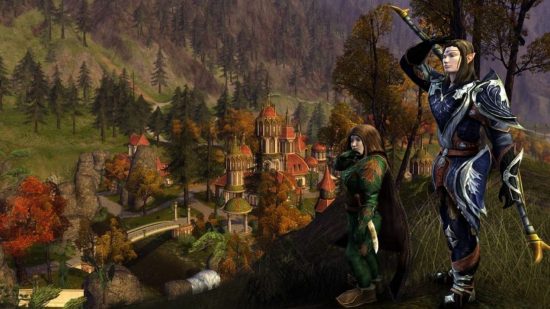Best free PC games: Lord of the Rings Online. Image shows an elf and a hobbit standing in the trees near a town.