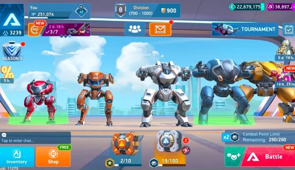 Best free PC games: Mech Arena. Image shows an image of five robots standing in a row.