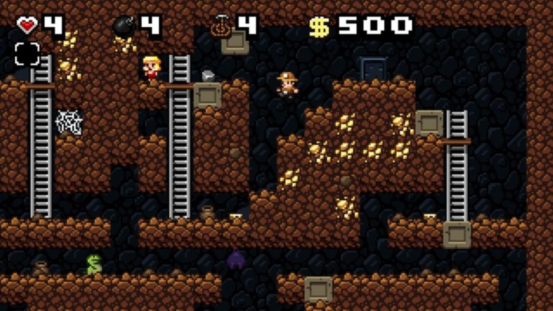 Najlepšie bezplatné počítačové hry: Spelunky Classic. Obrázok zobrazuje pixelované jaskyne, do ktorých sa ponoríte v hre