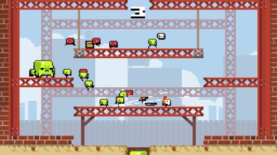 Best free PC games: Super Crate Box. Image shows small creatures running around on red girders, all rendered in a pixelated art style.